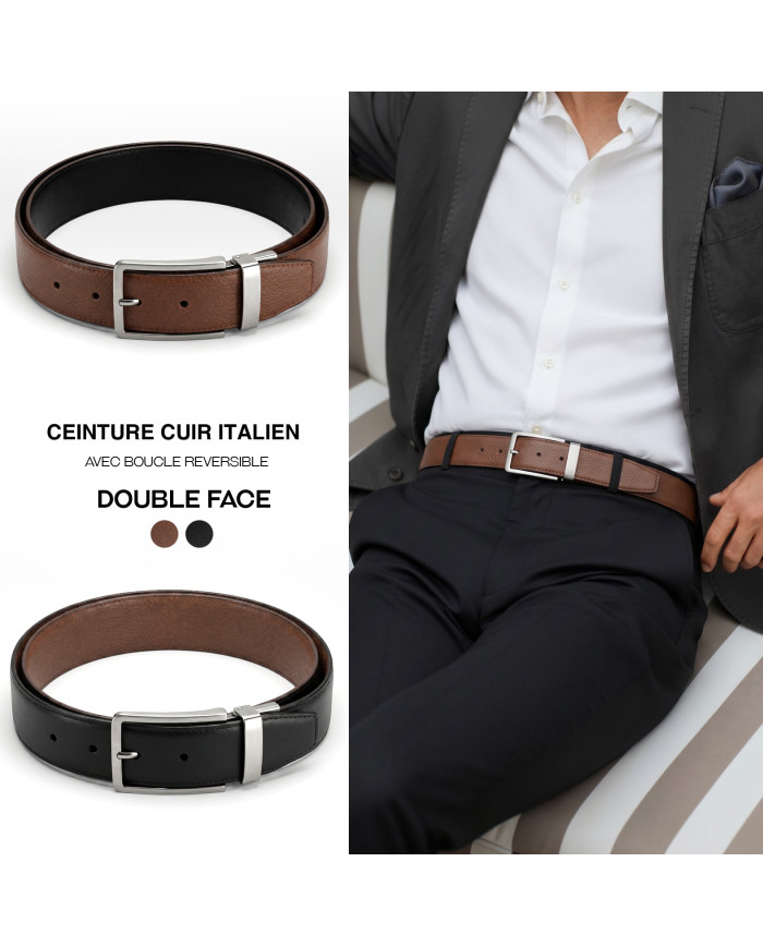 Ceinture cuir réversible : Marron chocolat et noir