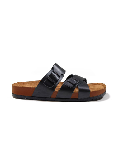 Cravate.tn | Claquette Cuir avec double bande croisé : Noir