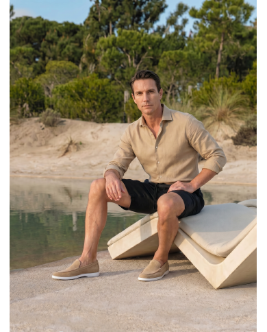 Chemise Col ouvert Beige sable uni 100% coton aspect lin