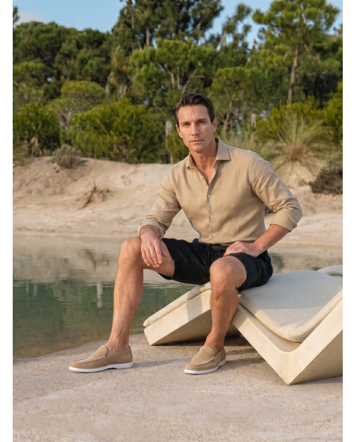 Chemise Col ouvert Beige sable uni 100% coton aspect lin