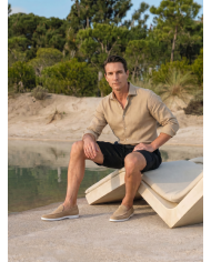 Chemise Col ouvert Beige sable uni 100% coton aspect lin
