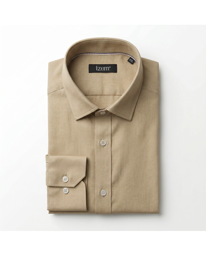 Chemise Col ouvert Beige sable uni 100% coton aspect lin