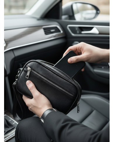 Cravate.tn | Trousse d'affaires pour homme Noir Grainé avec Mousqueton : Izem
