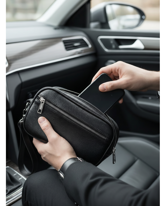 Cravate.tn | Trousse d'affaires pour homme Noir Grainé avec Mousqueton : Izem