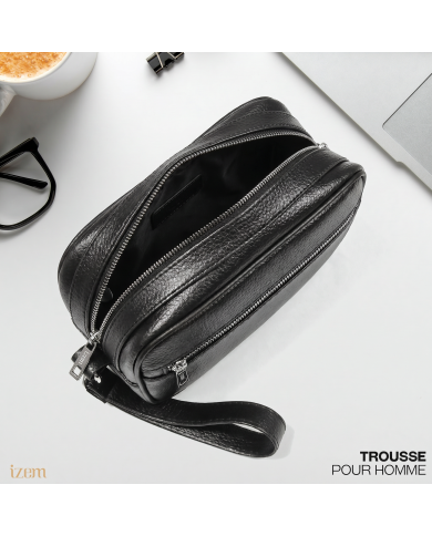 Cravate.tn | Trousse d'affaires pour homme Noir Grainé avec Mousqueton : Izem