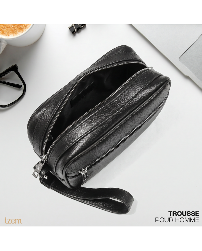 Cravate.tn | Trousse d'affaires pour homme Noir Grainé avec Mousqueton : Izem