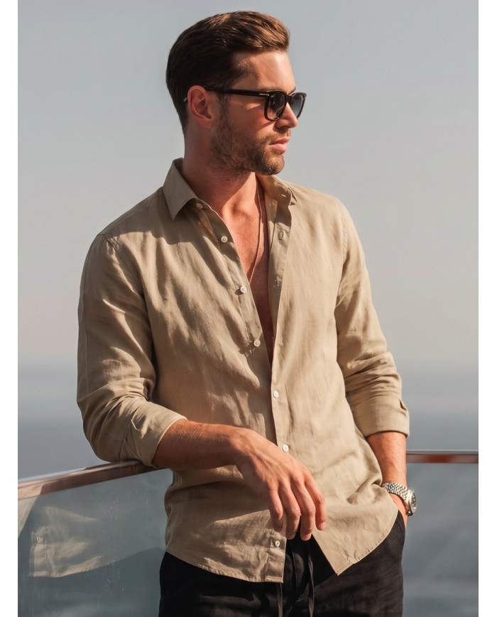 Chemise Col ouvert Beige sable uni 100% coton aspect lin