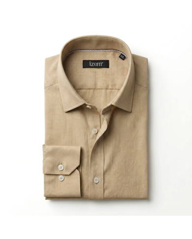 Chemise Col ouvert Beige sable uni 100% coton aspect lin