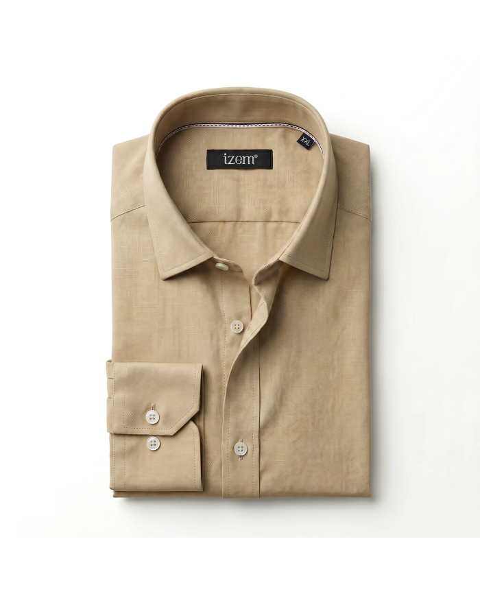 Chemise Col ouvert Beige sable uni 100% coton aspect lin