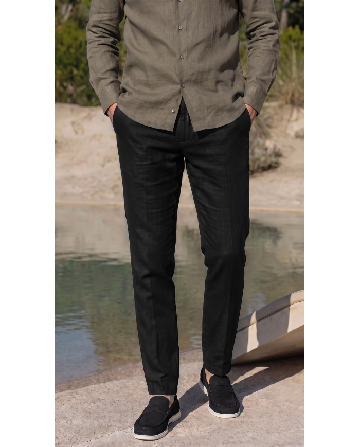 Pack 2 Pantalons Coton-lin avec élastique et cordon : Ecru-Noir