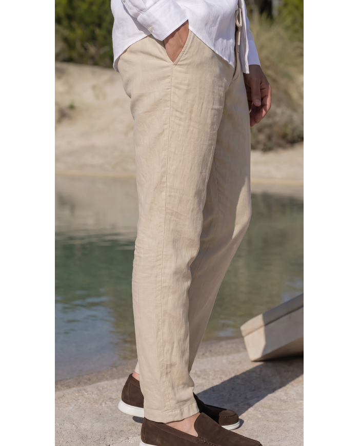 Pack 2 Pantalons Coton-lin avec élastique et cordon : Ecru-Noir