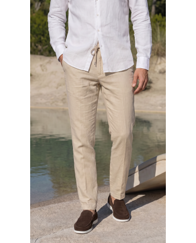 Pack 2 Pantalons Coton-lin avec élastique et cordon : Ecru-Noir