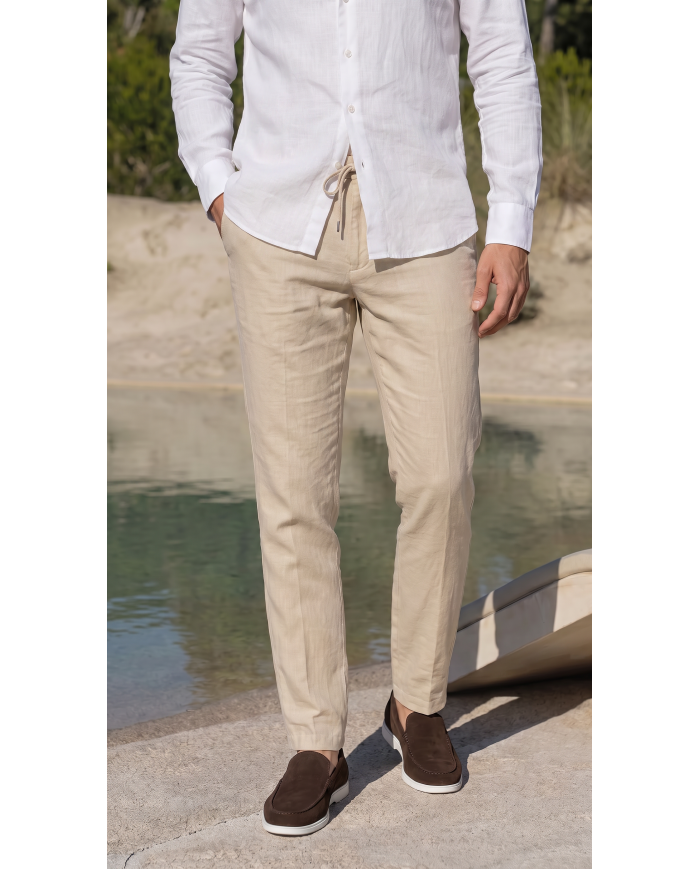 Pack 2 Pantalons Coton-lin avec élastique et cordon : Ecru-Noir