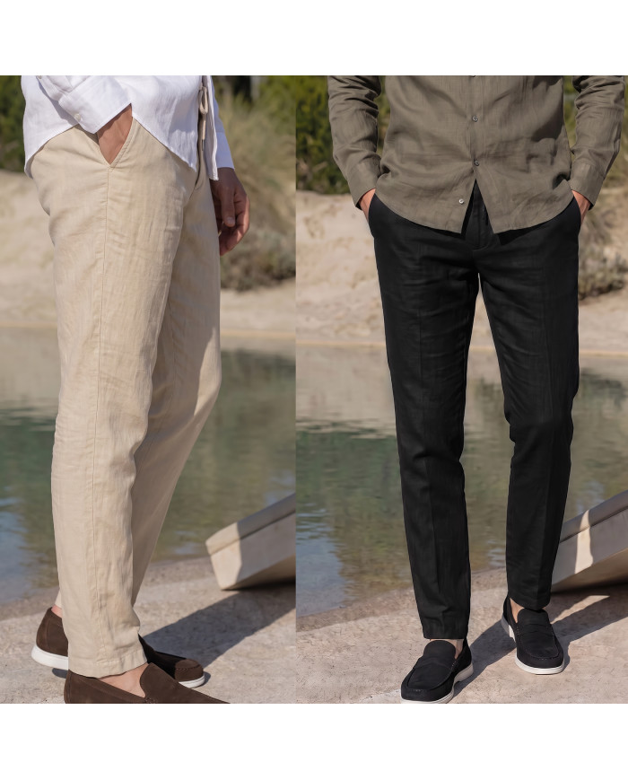 Pack 2 Pantalons Coton-lin avec élastique et cordon : Ecru-Noir