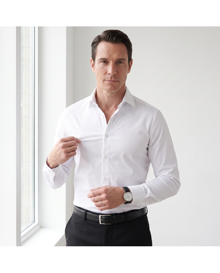 Cravate.tn | Chemise Col ouvert popeline stretch - Blanche
