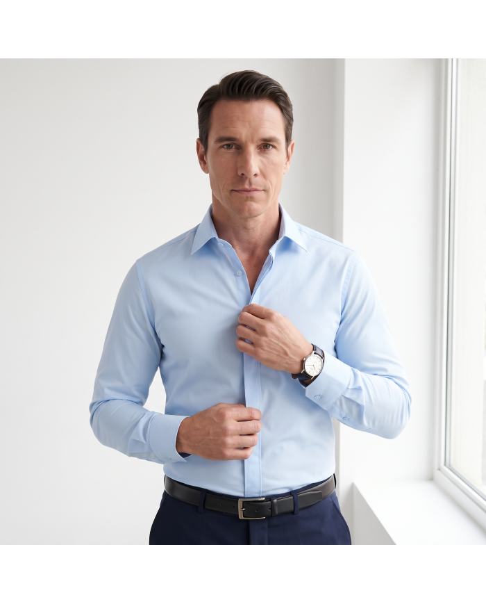 Cravate.tn | Chemise Col francais stretch avec boutons cachés - Bleu ciel