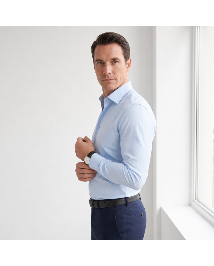 Cravate.tn | Chemise Col francais stretch avec boutons cachés - Bleu ciel