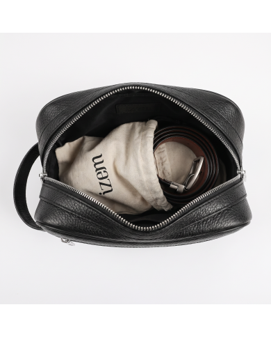 Pack trousse de voyage noir (Simili Cuir) et ceinture réversible en cuir italien