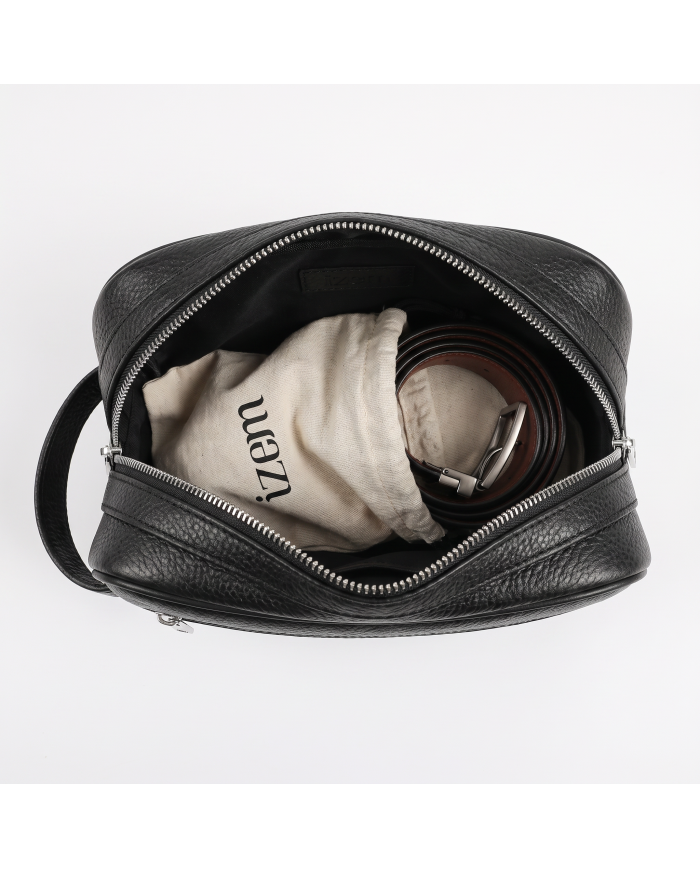 Pack trousse de voyage noir (Simili Cuir) et ceinture réversible en cuir italien