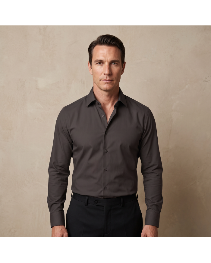 Cravate.tn | Chemise en popeline stretch Col ouvert - Marron foncé