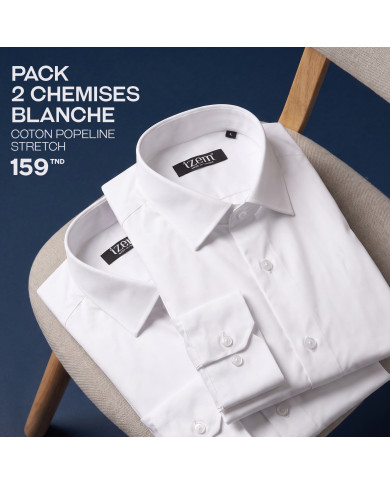 Pack 2 Chemises Col ouvert en popeline stretch - Blanche