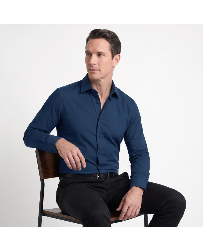 Cravate.tn | Chemise Col ouvert en popeline stretch - bleu minéral