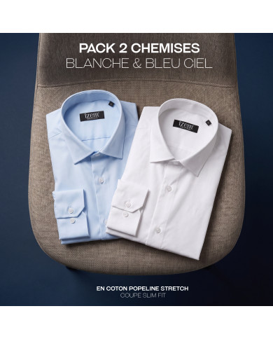 Pack 2 Chemises Col ouvert en popeline stretch - Blanche & Bleu Ciel