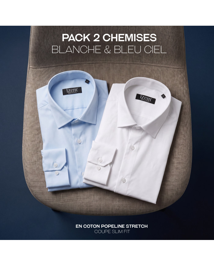 Pack 2 Chemises Col ouvert en popeline stretch - Blanche & Bleu Ciel