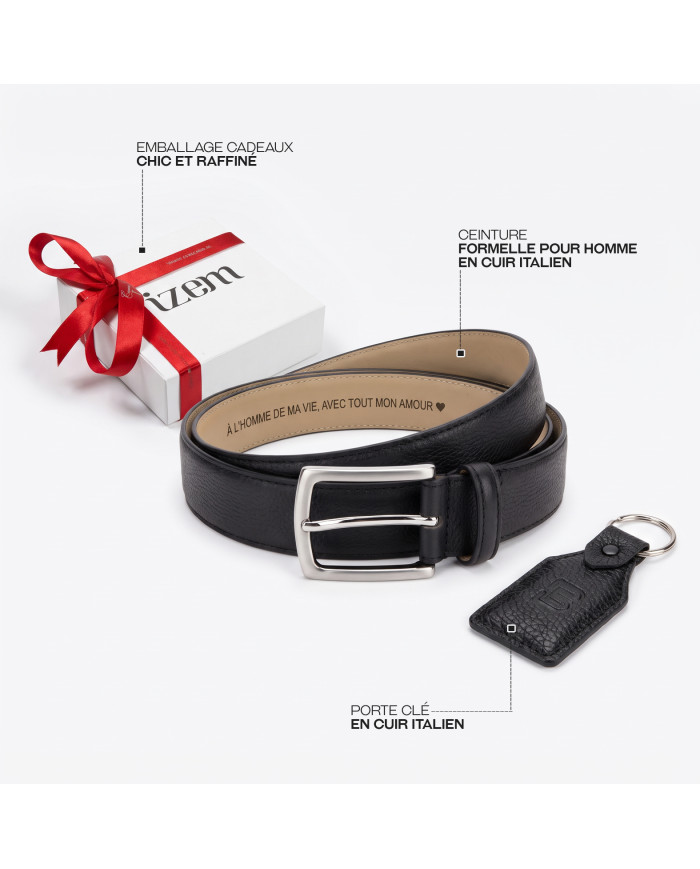 Coffret Ceinture et porte clé noir grainé : 100% cuir