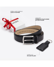 Coffret Ceinture et porte clé noir grainé : 100% cuir