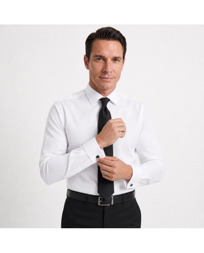 Chemise Col ouvert en coton piqué avec poignet mousqueton - Blanche