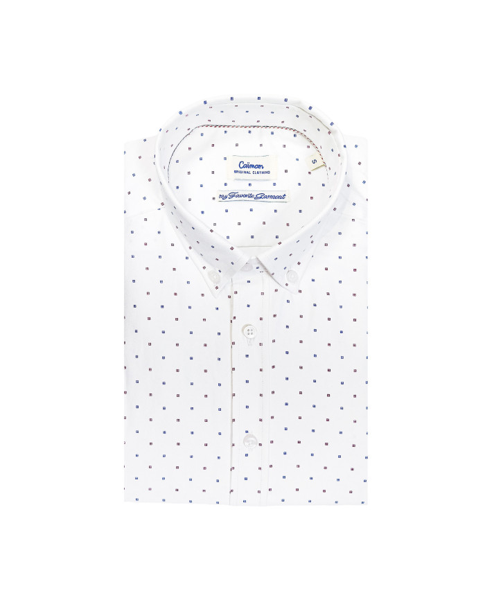 Chemise col boutonné Blanche avec des petits carreaux imprimés