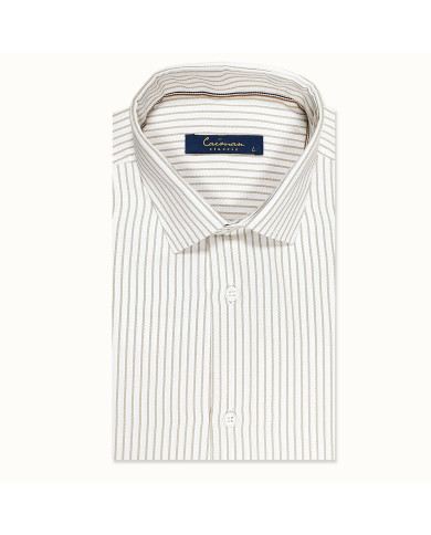 Chemise col Français Blanche avec rayure beige tissé Chemise col Français Blanche avec rayure beige tissé