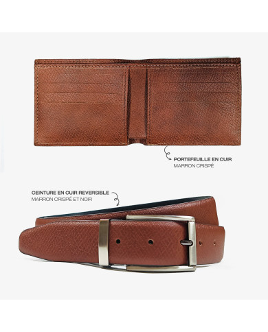 Coffret portefeuille marron crispé et ceinture réversible marron crispé et noir en cuir Coffret portefeuille marron crispé et ceinture réversible marron crispé et noir en cuir