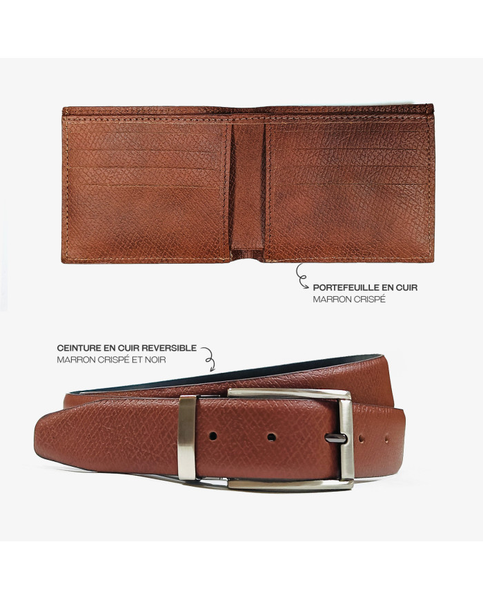 Coffret portefeuille marron crispé et ceinture réversible marron crispé et noir en cuir
