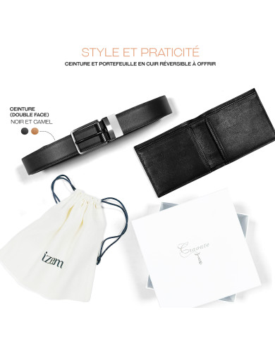 Coffret portefeuille noir et ceinture réversible Camel et noir en cuir Coffret portefeuille noir et ceinture réversible Camel et noir en cuir