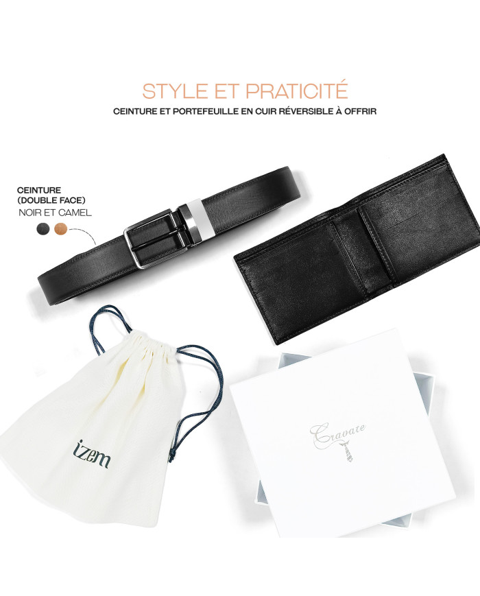 Coffret portefeuille et ceinture réversible Camel et noir: 100% cuir