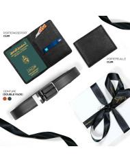 Coffret portefeuille et porte passeport et  ceinture réversible Caramel et noir : 100% cuir