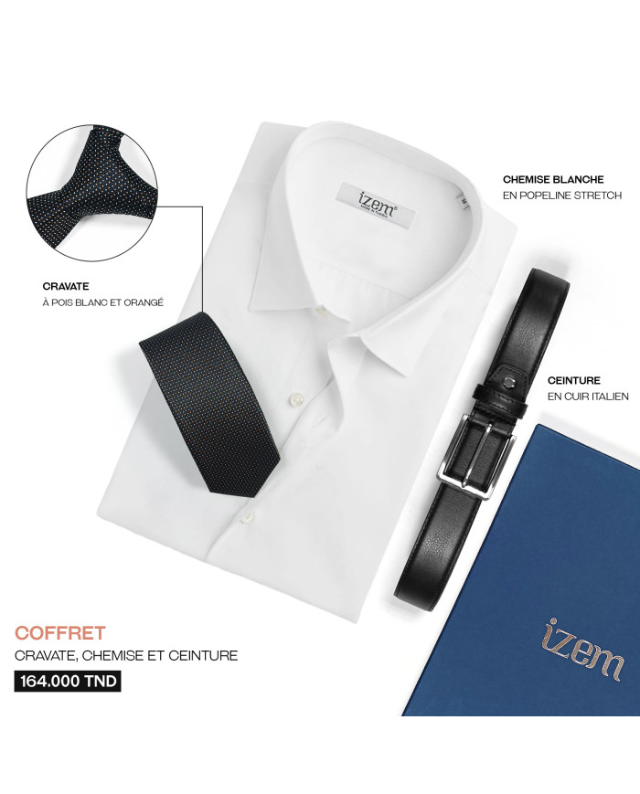 Coffret Cravate chemise en popeline stretch et ceinture en cuir