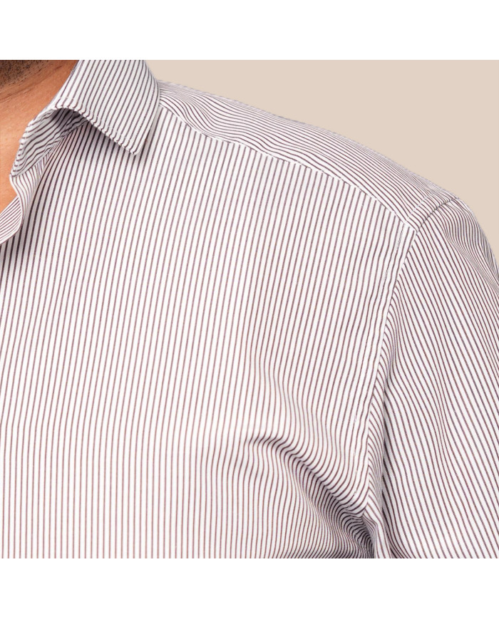 Chemise col italien Blanche avec rayure marron tissé