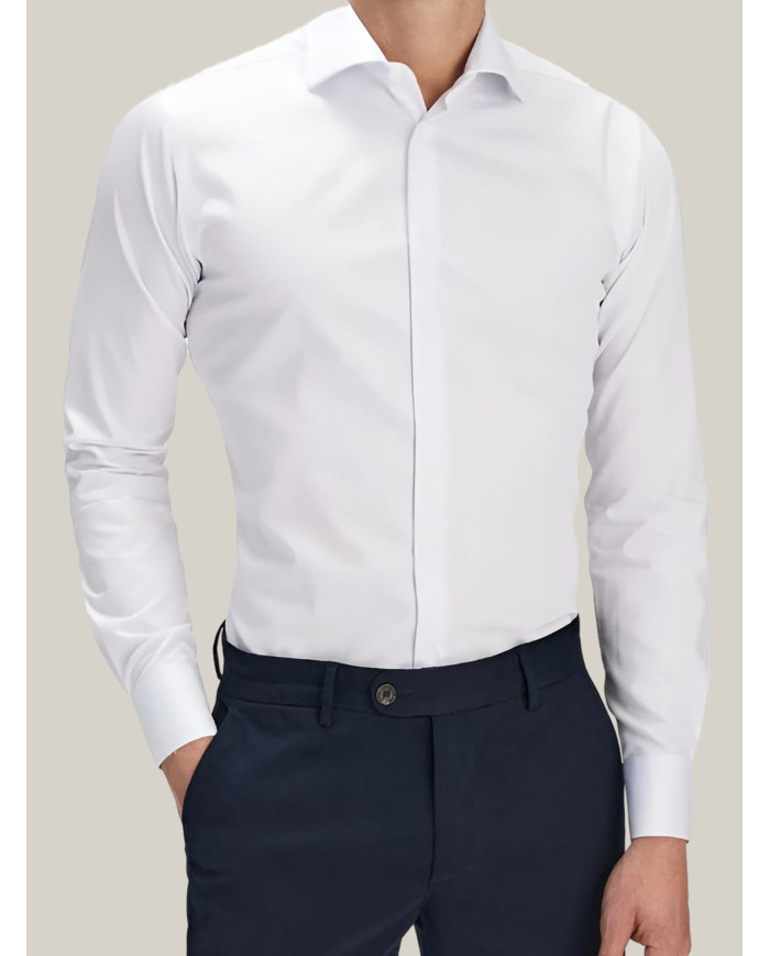 Cravate.tn | Chemise Col ouvert stretch avec boutons cachés - Blanche