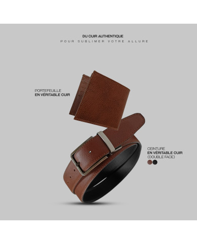 Coffret portefeuille marron crispé et ceinture réversible marron crispé et noir en cuir Coffret portefeuille marron crispé et ceinture réversible marron crispé et noir en cuir