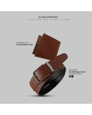 Coffret portefeuille marron crispé et ceinture réversible marron crispé et noir en cuir