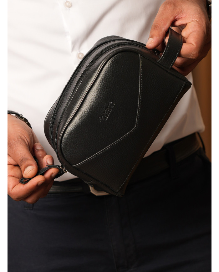 Cravate.tn | Trousse de voyage pour homme Noir Grainé avec (Double chaine) Izem