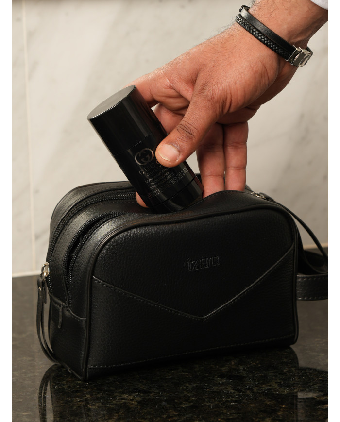 Cravate.tn | Trousse de voyage pour homme Noir Grainé avec (Double chaine) Izem