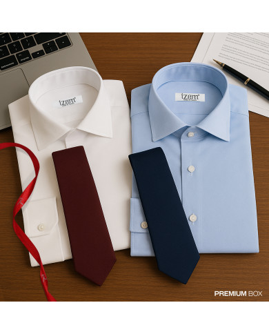 Coffret Cravate et chemise col ouvert en popeline stretch avec bouton cachés et bouton de manchettes luxe Coffret Cravate et chemise col ouvert en popeline stretch avec bouton cachés et bouton de manchettes luxe