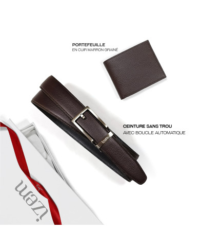 Ceinture sans trou et portefeuille en cuir marron grainé Ceinture sans trou et portefeuille en cuir marron grainé