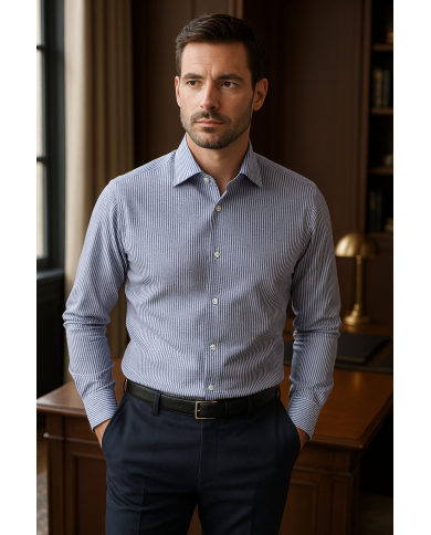 Chemise col Français Blanche avec rayure bleu tissé Chemise col Français Blanche avec rayure bleu tissé