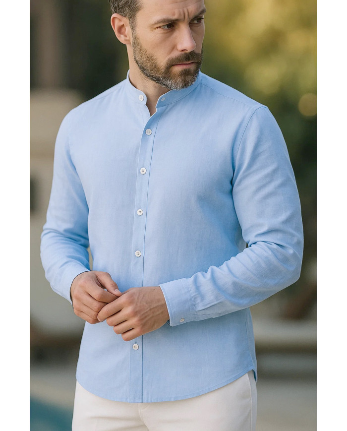 Chemise Col mao en lin bleu ciel uni
