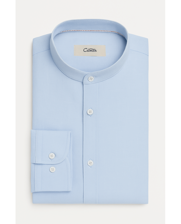 Chemise Col mao en lin bleu ciel uni